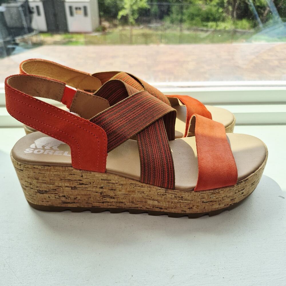 Sorel Cameron Flatform Sandals Womens 9 Orange Red Suede Cork Platform Slingback - Picture 2 of 9